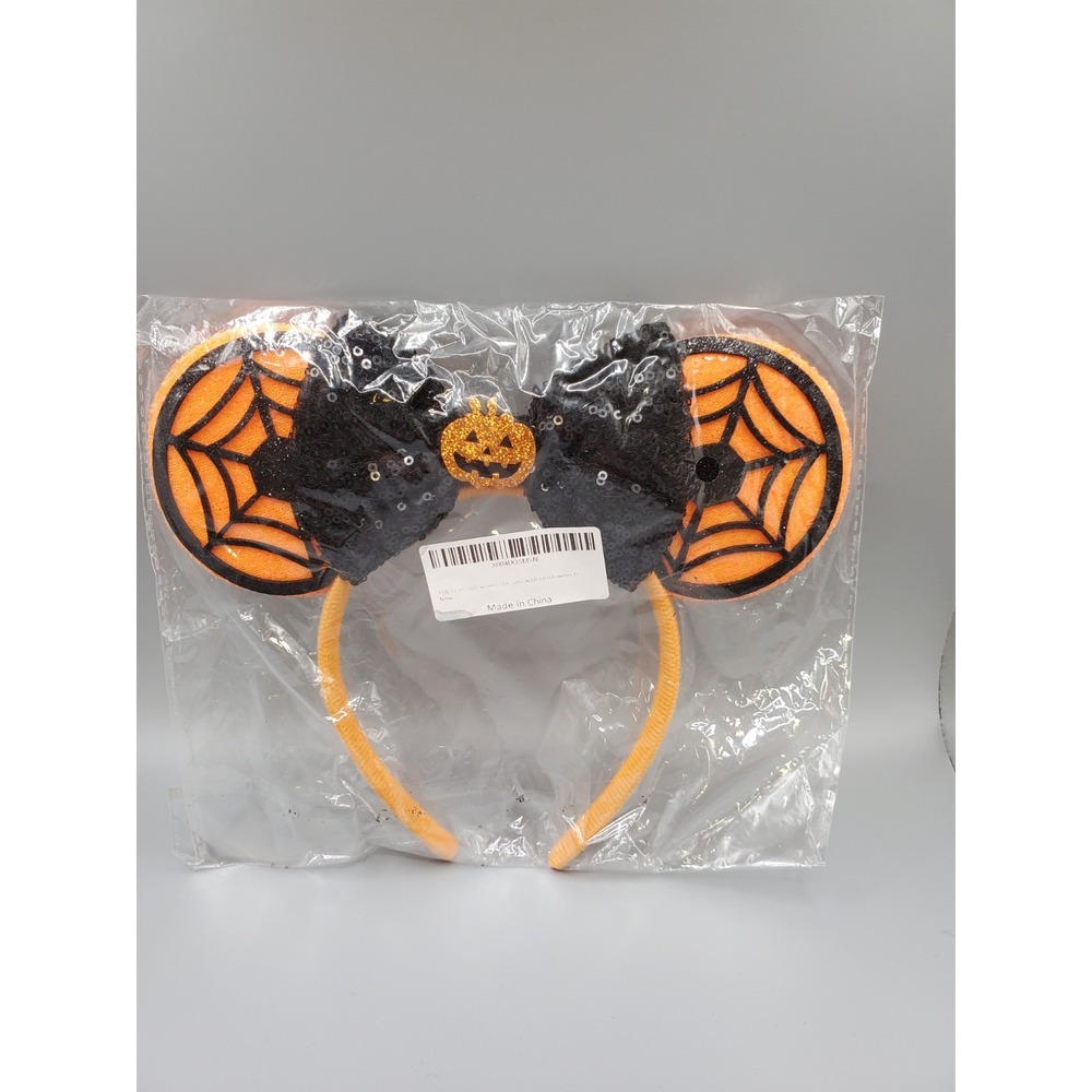 Halloween Mouse Ears Headband Spider Web Black Sequin Bow Pumpkin Orange